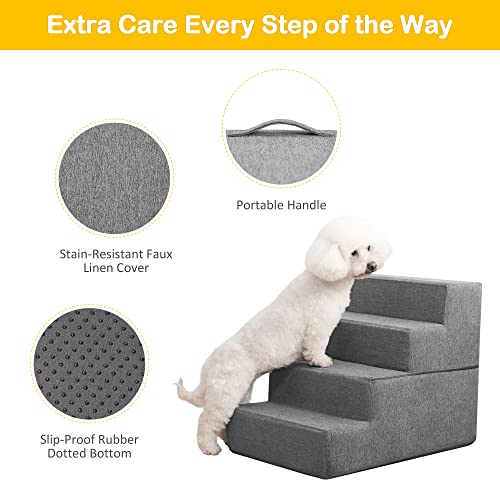 Sted Dog Stairs Pet Stairs 4 Steps, High Density Foam Dog Steps For High Bed, Non-Slip Foldable Pet Stairs With Cardboard, Removable Washable Cover, Ideal For Older Injured Small Dogs Cats, Grey #TOP2