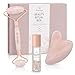 PREMIUM - Rosenquarz Roller Gua Sha Set, Gesichtsmassage + Gesichtsroller + Bio Rosenwasser Roll on im Geschenkset + Anleitung