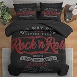 Pamnest Comforter Set Full Size, Vintage Music Boys 7 Pcs Bedding for Kids and Adults, Retro Rock Roll Black Red Bed Sheet Sets with Fitted Sheet 2 Pillowcase & 2 Sham for Bedroom Bed Decor