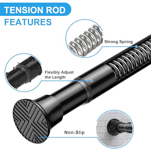 Image of Tension Rod 30-76 Inch - 1pack Spring Loaded Curtain Rods, Black Shower Curtain Rod Expandable Curtain Rods Tension Adjustable Rod Without Drilling, Tension Rods For Bathroom Doorway Window