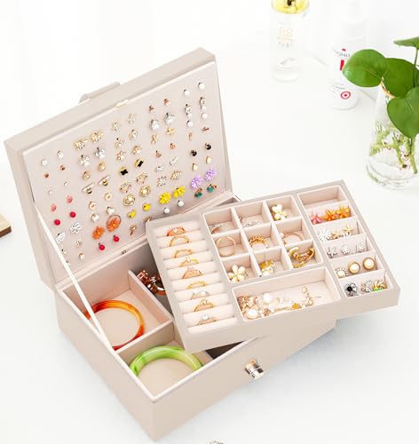 QBestry Girls Jewelry Box Earring Holder Organizer for Girls Jewelry Organizer Box Stud Earrings Organizer for Girl Womens Beige Jewelry Box for Earrings and Necklaces Rings Stud Earring Box for Teen by QBestry - Used condition - Image 6
