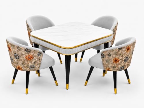 Image of WOODEN SPACE Majestic 4 Seater Wooden Dining Table Set | Urban Marble Top Dining Table with Chairs for Dining Room & Kitchen (Modern Classic Printed Light Grey) (54 x 36 x 30 inch)