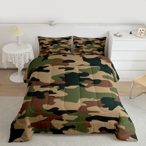 Feelyou Army Camouflage Lightweight Bedding Set Youth Camo Comforter Set for Kids Boys Girls Colorful Pattern Art Decor Comforter Brown Green Quilt Set Bedroom Collection 3Pcs Full Size