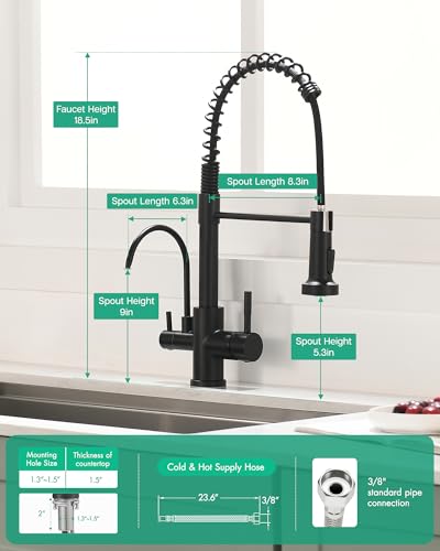 Image of GIMILI 3 in 1 Kitchen Faucet with Pull Down Sprayer Matte Black Two Handle Kitchen Sink Faucet with Under Sink Water Filter System Reduces PFAS, PFOA /PFOS, Lead, Chlorine, Bad Taste & Odor