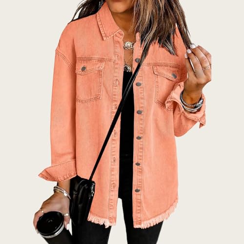 Womens Oversized Denim Jacket Casual Frayed Hem Long Sleeve Jackets Button Down Shacket Distressed Jean Jacket2