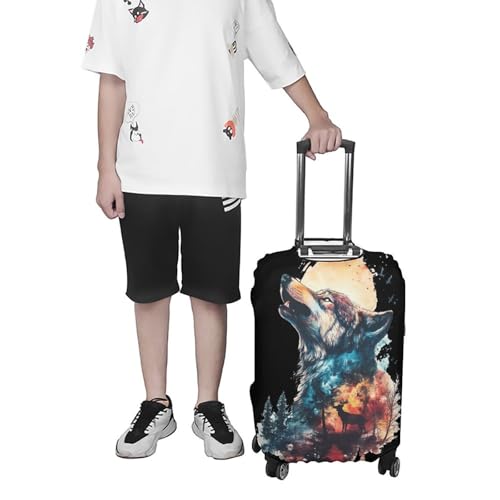 Watercolor Wolf Howling Sunset Forests Deers Luggage Covers Washable Travel Suitcase Cover Elastic Baggage Protector 7