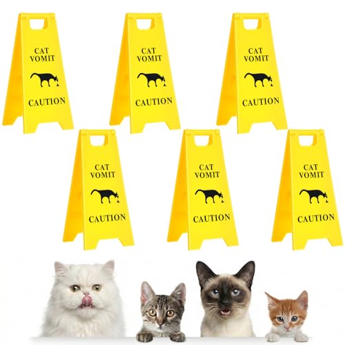 6 PCS Cat Vomit Sign 3D Double-sided Printed Funny Cats Warning Barf Caution Signs Decor Mini Funny Novelty Table Desk Plaque Perfect Gag Gifts for Cat Lovers and Humor Enthusiasts (5 Inch Yellow)
