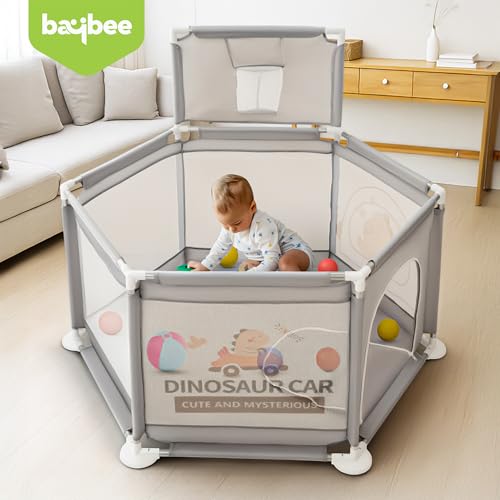Image of Baybee Neo Plus Kids Playpen for Babies | Baby Activity Playards with Basket Ball Hoop, Zipper Door & Corner Protection | Baby Play Area Indoor Setup with Hexagon shape for Extra Space | Outdoor Play Pen for Baby up to 5 Years (Grey)