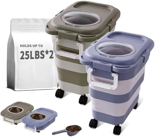 25 Lbs Dog Food Storage Container 2PCS, Collapsible Dog Food Container with Scoop for Pet/Dog/Cat/Bird Food,Keep Dry Food Fresh,Easy to Move(Blue & Khaki)