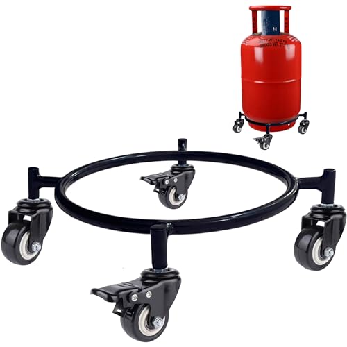 Image of Gas Cylinder Trolley with Wheels - Black | Heavy Duty Steel LPG Cylinder Stand | 360 Smooth Rolling Caster Wheels | Rust Resistant Cylinder Holder for Kitchen & Home