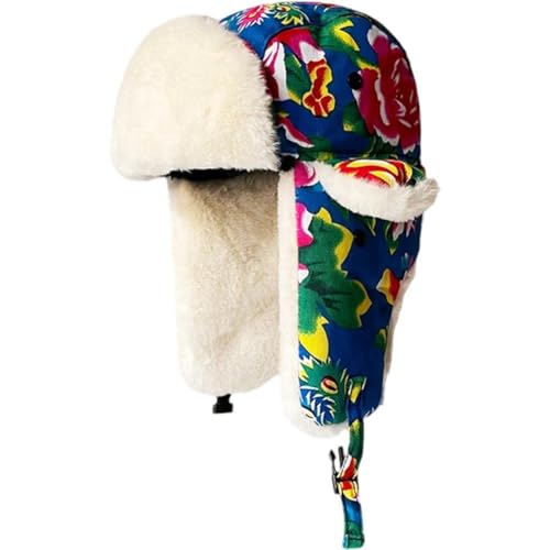 Thickened Winter Ski Cap Women's Floral Lei Feng Style Hat Ear Protection Windproof Trendy Headwear Traditional Ethnic Pattern