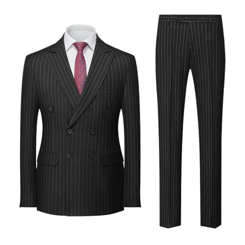 Men's Stripe Business Suit 2 Piece Set Double Breasted Casual Blazers and Pants