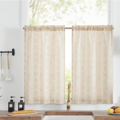 Jinchan JCDYMMQLGMB-2624C07 Boho Kitchen Curtains Linen Tier Curtains 24 Inch Long Bohemian Cafe Curtains Geometric Striped Small Window Curtains Farmhouse Country For Bathroom Rv Light Filtering 2 Panels Taupe cover