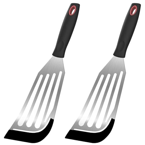 Fish Turner Spatula Set - 2pcs Heat Resistant Silicone Edge Slotted Fish Spatulas for Nonstick Cookware, Stainless Steel Silicone-Tip Slotted Kitchen Cooking Spatula Flipper for Fish, Egg, Pancake