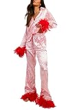 NUFIWI Womens Cozy Pajamas Feather Trim Satin Pajama Set Long Sleeve Button Top Santa Pj 2Piece Lounge Holiday Sleepwear(Hearts Pink Red,M)