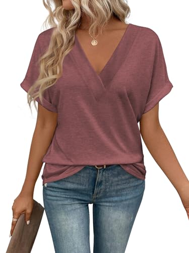 Image of T Shirts Short Sleeve V Neck Tees Womens Tops Beach Vacation Fashion Clothes 2026 Casual Summer Spring Fall Outfits