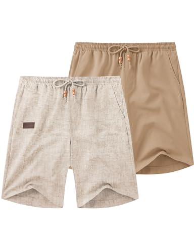 Image of COOFANDY Mens Casual Linen Shorts Elastic Waist Drawstring Loose Fit Summer Beach Vacation Shorts with Pockets