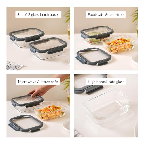 Image of Nestasia Glass Lunch Box for Women and Men (Set of 2-1040ml Each) - Borosilicate Rectangular Clear Lunch Box for Office Use, Microwave Safe, Airtight Tiffin Containers with Safety Lock