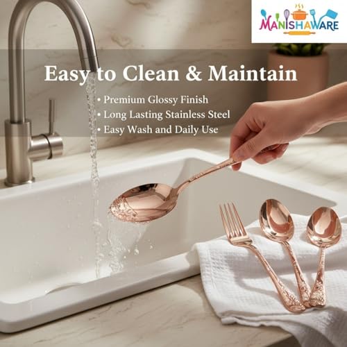 Image of Classic Rose Gold 20 Pcs Stainless Steel Cutlery Set for Dining Table, Dishwasher Safe Glossy Flatware (Perfect Spoon Fork Set)