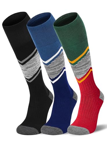 FITRELL 2 Pack Men's and Women's Ski Socks Full Cushioned Winter Merino Wool Thermal Knee High Warm Boot Socks for Skiing Snowboarding, Black+Blue+Christmas Match, Large