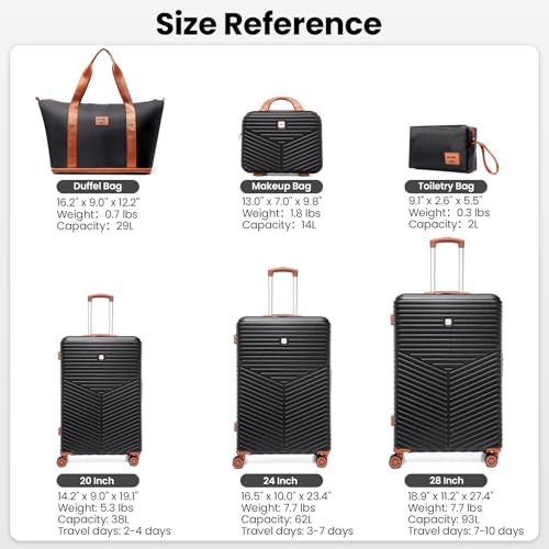 Image of Hoteel luggage Sets 6 Piece Carry on Luaagae Suitcases with Spinner Whells & TSA Lock (4-YEAR WARRANTY), Carry on Suitcase ABS+PC Hard Shell Travel Suitcases (13in /20in /24in /28in /DB /TB, Black)