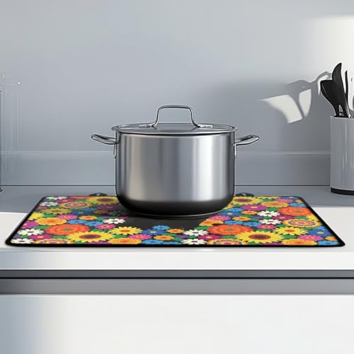 Image of Poceacles Ceramic Glass Stove Top Cover Stove Burner Cover Multipurpose Rubber Desk Saver Pad Washer Dryer Top Mat for Counter Decor, Colorful Floral Black Cat