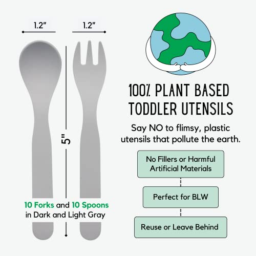 Theo's 20 Pack Eco-Friendly Utensils For Baby & Toddler | 100% Biodegradable + Compostable 5.0"X1.2" Plant Based Spoons & Forks (10 Each) | Bpa Free, Dishwasher + Microwave Safe (Light & Dark Gray) #TOP1
