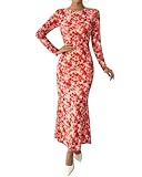 BTFBM Wedding Guest Dresses for Women Fall Fashion 2025 Bodycon Long Sleeve Boho Mesh Party Cocktail Floral Maxi Dress(Apricot Red Flower, Medium)