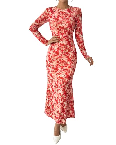 BTFBM Wedding Guest Dresses for Women Fall Fashion 2025 Bodycon Long Sleeve Boho Mesh Party Cocktail Floral Maxi Dress(Apricot Red Flower, Medium)