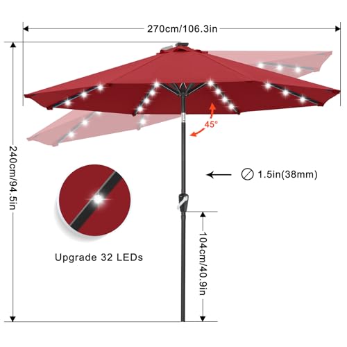 Image of ABCCANOPY Durable Solar Led Patio Umbrellas with 32LED Lights 9FT (Burgundy)