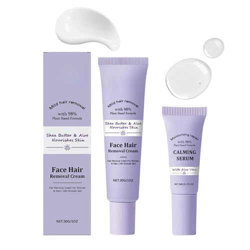 Facial Hair Removal Cream for Women with Soothing Roll-On Serum, Upper Lip, Chin & Cheeks Hair Remover,Gentle Formula for Sensitive Skin, Fast Acting Gentle Painless Depilatory Cream