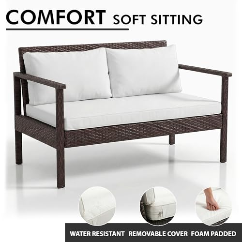 Image of BRISHI Outdoor Sofa Set || Balcony Sofa || Patio Furniture Sets || Indoor Sofa|| Wicker Rattan Garden Sofa Set with Cushion and Center Table, 4 Seater (Brown & White)