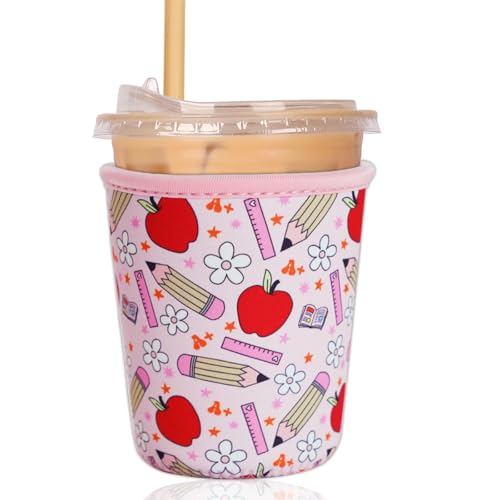 Image of Reusable Insulated Sleeve for Iced Coffee Cup, Coffee Neoprene Sleeve for Cold & Hot Drinks, Beverage Holder for Iced Coffee (Teacher Treasure, Small: 16-18oz)