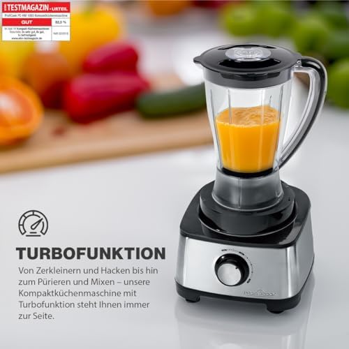 ProfiCook PC-KM 1063 kompaktowy robot kuchenny z obudową ze stali nierdzewnej, miksowanie, wyciskarka do cytrusów, 1,2 l, otwór do napełniania, z funkcją turbo, w zestawie 11 akcesoriów, 1200 W