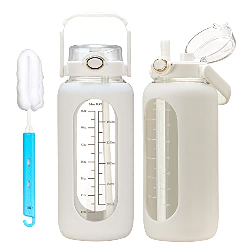 chunmo 42oz/52oz/64oz Glass Water Bolttles with Straw Half Gallon Large Motivational Water Bottle with Time Marker Sports Water Bottles with Silicone Sleeve and Handle Lid Water Jug for Gym Workout