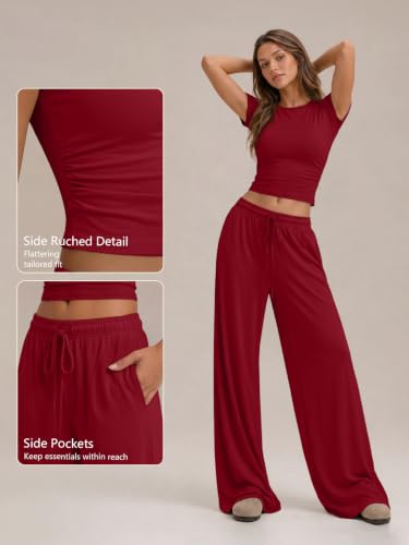Image of Trendy Queen 2 Piece Matching Summer Lounge Set Womens Side Ruching Top Wide Leg Pants Sets with Pockets