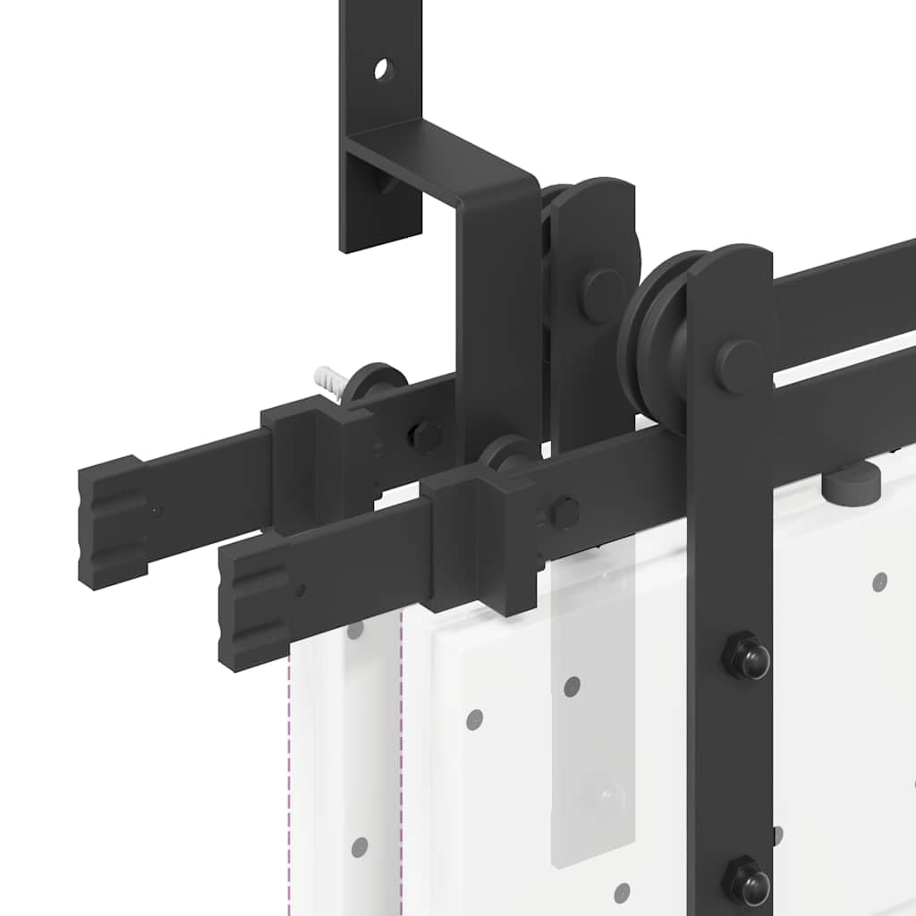 Juego de herrajes para puerta corredera de 152,5 cm, acero con recubrimiento en polvo, con tope de puerta y ruedas, soporte de derivación para puertas de granero doble, deslizamiento