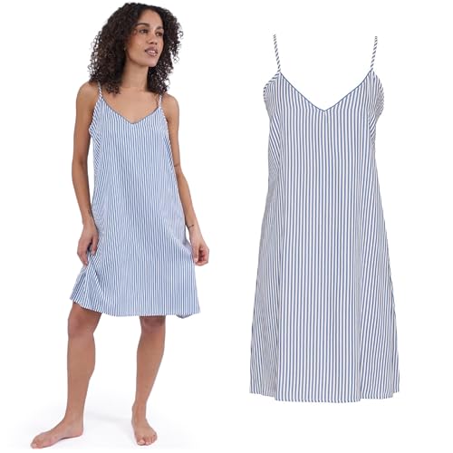 Image of Cyberjammies The Denim Edit Womens Chambray Stripe Strappy Short Nightdress | 100% Modal Ladies Pyjamas | Breathable PJs Nightie
