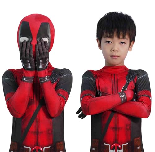 MRRTIME 2024 Costume de Héros d'Halloween Jumpsuit Cosplay 3D Impression Bodysuit avec Couvre-Tête pour Garçon Déguisement Deadpool 10-12 (Rouge-Enfants, 130)