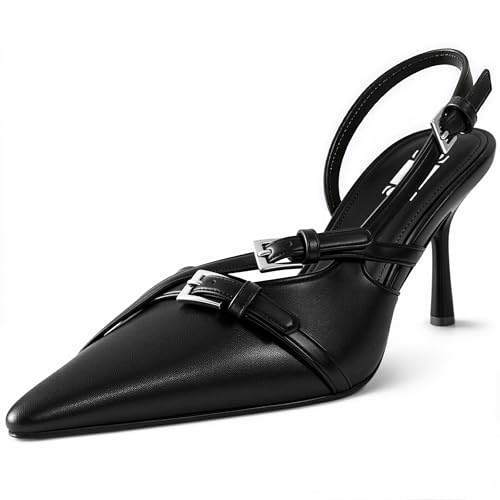 Slingback Kitten Heels for Women Pointed Toe Heels Closed Toe Low Heel Wedding Dress Pumps with Buckles Strap