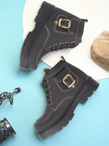Image of Freeplay Kids Boys Lace-Up Ankle Boots with Buckle Strap | Stylish Casual Outdoor Boots | Anti-Slip Durable Sole | Comfortable Fit | Black, Blue, Green, Tan