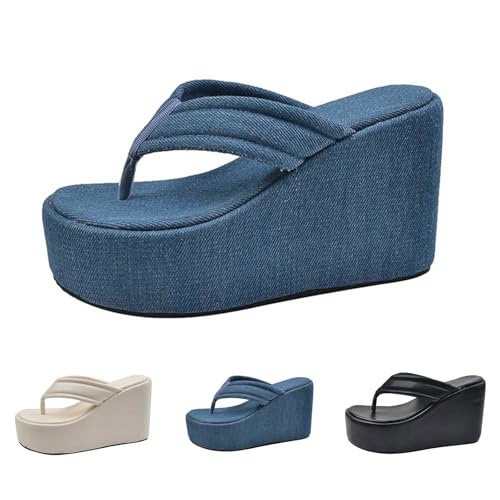 Women's Orthopedic Wedge Arch Support Flip Flops Platform Sandals Women Denim High Slipper Clip Toe Comfortable Casual Slip on Beach Slippers