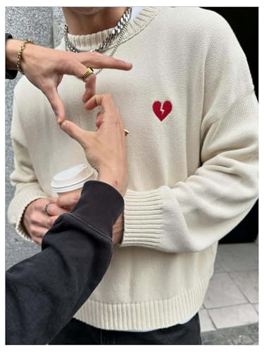 Men's Heart Embroidered Sweater Y2k Crew Neck Long Sleeve Lightweight Sweater Pullovers Loose Knit Top2