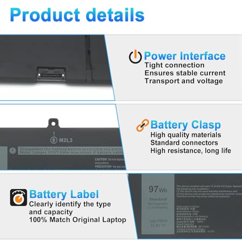 Image of 97Wh 9JRV0 Laptop Battery Replacement for Dell Latitude 5521 5531 Precision 3571 3561 3581 3591 Alienware M17 R5 M18 R1 R2 Series 05RGW 005RGW 53XP7 053XP7