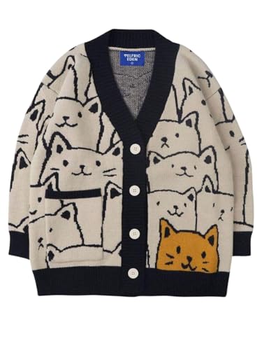 Aelfric Eden Women Cardigan Sweater Cat Cartoon Graphic Open Front V Neck Oversized Knit Casual Coat 2025 Outfits Blue