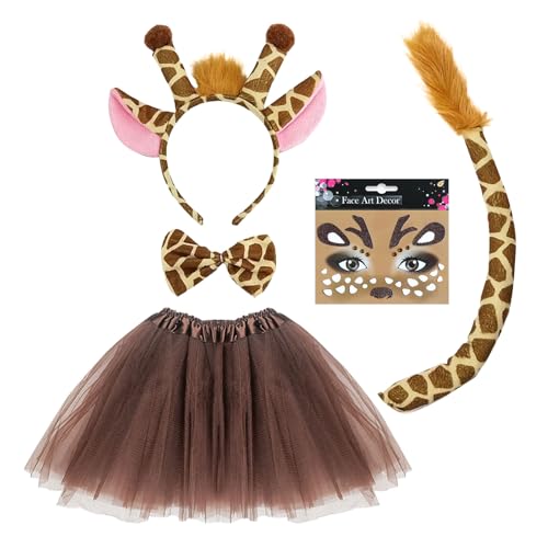 SAIIURV 5 Stück Kostüm Giraffen für Kinder, Tierkostüm mit Giraffe Ohren Haarreif Fliege Schwanz Gesichtstattoo Mädchen Tutu, Tierohren Stirnband Halloween Fasching Karneval Fasching Party (Deer)