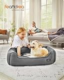 Feandrea Hundebett, Hundekissen in Leinenoptik, Hundekorb, erhöhte Ränder, rutschfeste Unterseite, Bezug abnehmbar waschbar, L, für mittelgroße Hunde, 90 x 75 x 25 cm, hellgrau PGW11GG