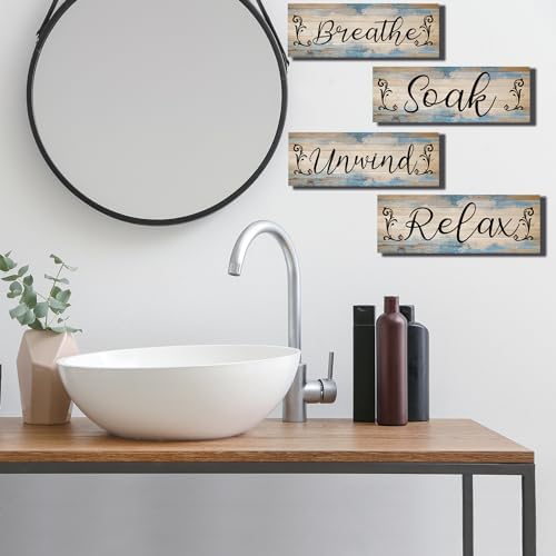 4 Pcs Home Wall Signs for Living Room Bedroom, Home Wall Decor Hanging Signs Relax Soak Unwind Breathe, Vintage Wooden Wall Art for for Farmhouse Bathroom,11x 4 Inch(Black and Blue) 7 41vSE Fu64L. AC