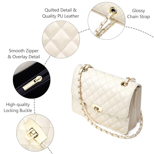 Image of Quilted Leather Crossbody Bags for Women Trendy Ladies Shoulder Purse Satchel HandBag with Chain Strap