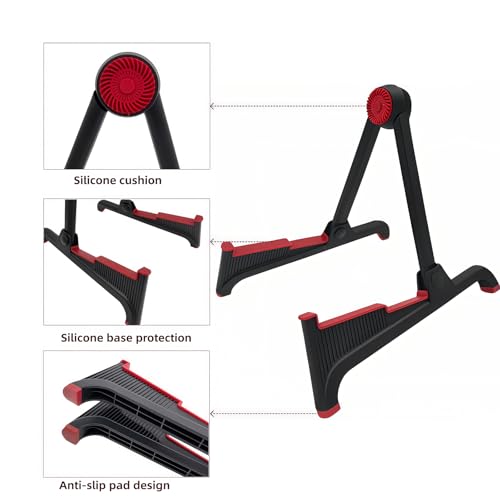 nalu Classic A-Frame Tripod Adjustable Guitar Stand for Acoustic Bass Electric Guitars and Ukuleles Folding Floor Stand Small Good for Traveling (RedRubber+BlackFrame)